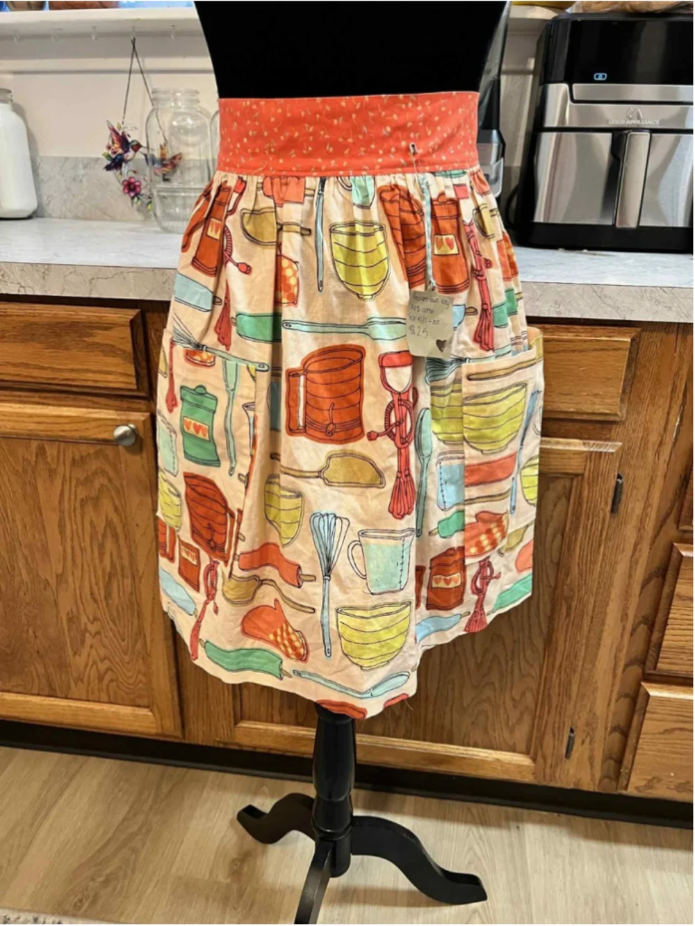 Handmade Cotton Apron Retro Kitchen Utensil Print Orange Waistband XS/S Pockets